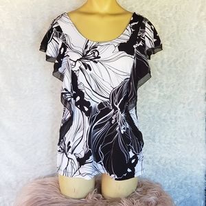 Black and White Floral Ruffle Blouse